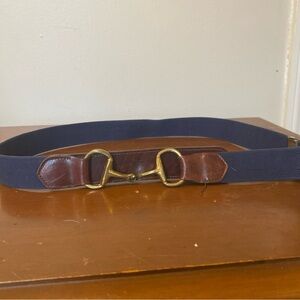 Marley Hodgson Navy Fabric Belt with Brown Leather and Brass Bit Closure Detail